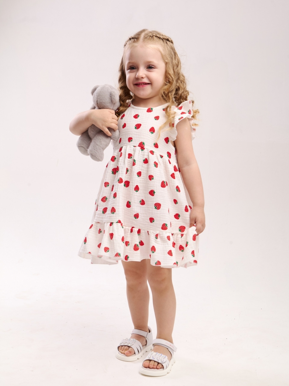 342-КЛ. Платье детское из муслина, хлопок 100%, клубника, р. 74,80,86,92